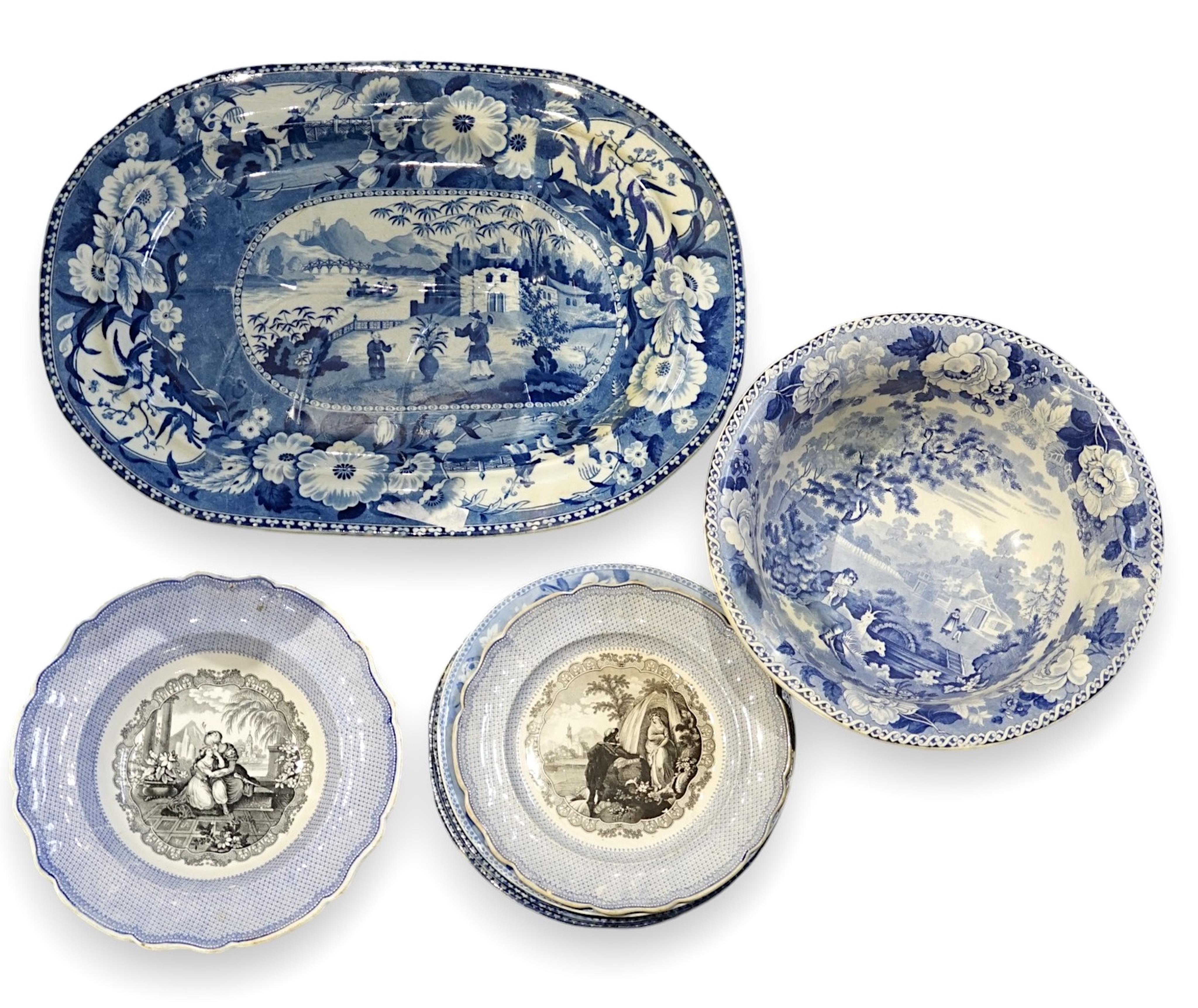 A Victorian blue and white 'Chinese Floral Pot' pattern meat plate